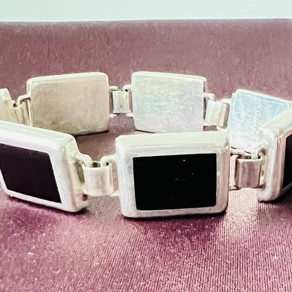 Handcrafted Classic  925 Sterling Silver Black Onyx Station Bracelet, Bezel Set - Picture 1 of 11